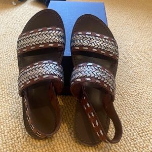 MAJE leather sandals size 8 brown with metallic silver weave